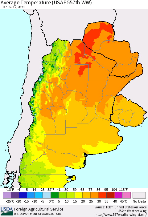 Southern South America Average Temperature (USAF 557th WW) Thematic Map For 1/6/2020 - 1/12/2020