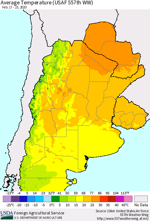 Southern South America Average Temperature (USAF 557th WW) Thematic Map For 2/17/2020 - 2/23/2020