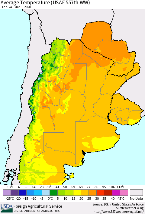 Southern South America Average Temperature (USAF 557th WW) Thematic Map For 2/24/2020 - 3/1/2020