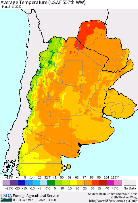 Southern South America Average Temperature (USAF 557th WW) Thematic Map For 3/2/2020 - 3/8/2020