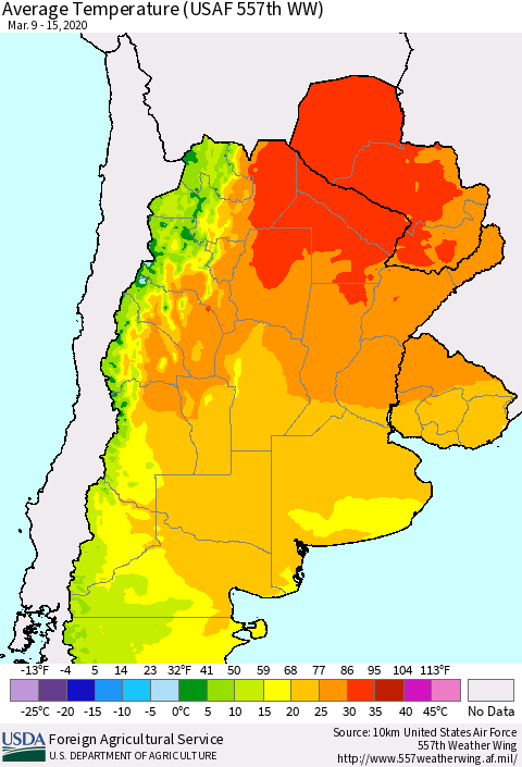 Southern South America Average Temperature (USAF 557th WW) Thematic Map For 3/9/2020 - 3/15/2020