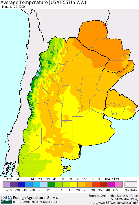 Southern South America Average Temperature (USAF 557th WW) Thematic Map For 3/16/2020 - 3/22/2020