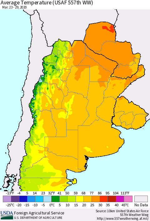 Southern South America Average Temperature (USAF 557th WW) Thematic Map For 3/23/2020 - 3/29/2020