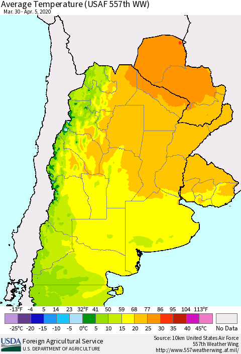 Southern South America Average Temperature (USAF 557th WW) Thematic Map For 3/30/2020 - 4/5/2020