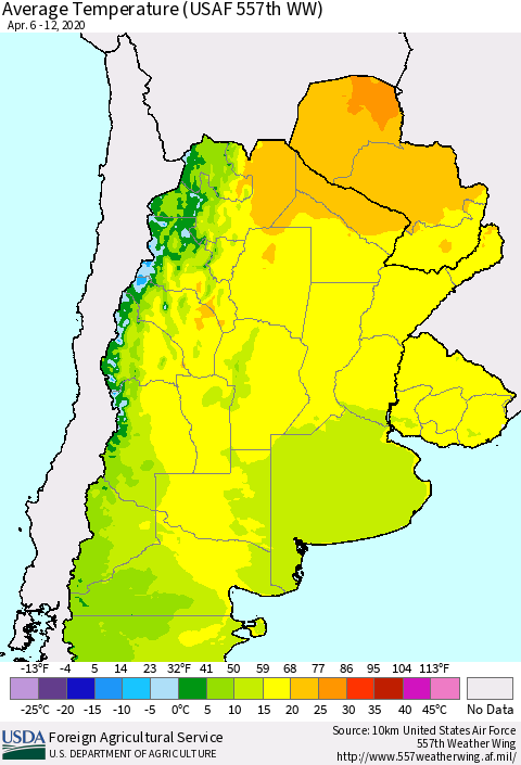 Southern South America Average Temperature (USAF 557th WW) Thematic Map For 4/6/2020 - 4/12/2020