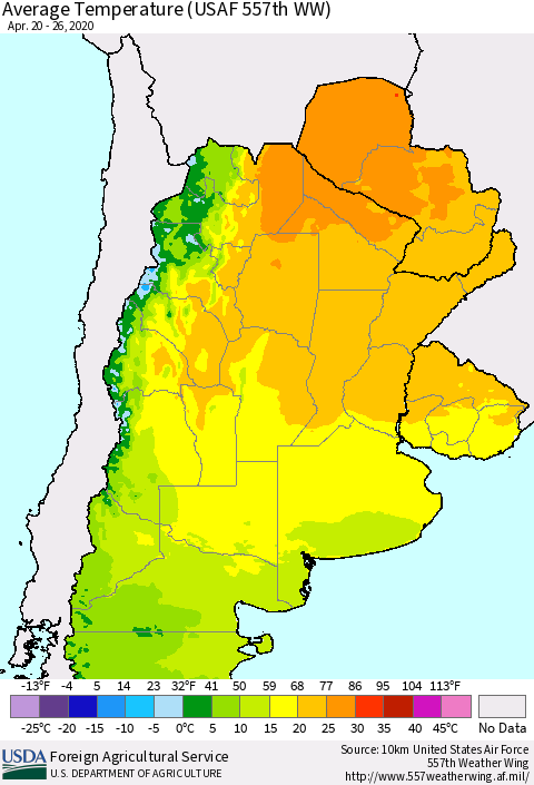 Southern South America Average Temperature (USAF 557th WW) Thematic Map For 4/20/2020 - 4/26/2020