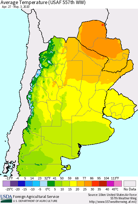 Southern South America Average Temperature (USAF 557th WW) Thematic Map For 4/27/2020 - 5/3/2020