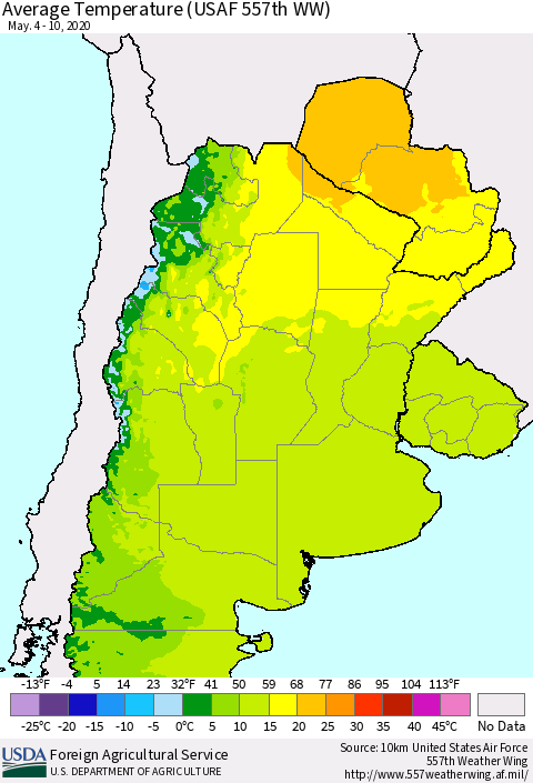 Southern South America Average Temperature (USAF 557th WW) Thematic Map For 5/4/2020 - 5/10/2020