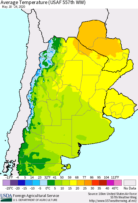 Southern South America Average Temperature (USAF 557th WW) Thematic Map For 5/18/2020 - 5/24/2020