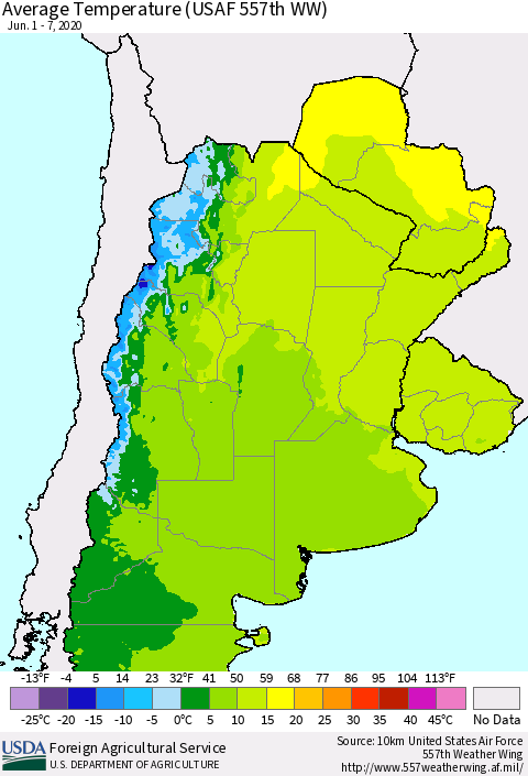 Southern South America Average Temperature (USAF 557th WW) Thematic Map For 6/1/2020 - 6/7/2020