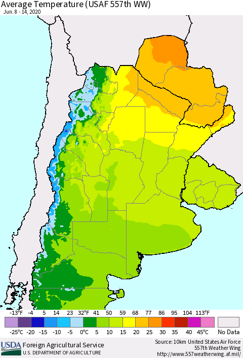 Southern South America Average Temperature (USAF 557th WW) Thematic Map For 6/8/2020 - 6/14/2020