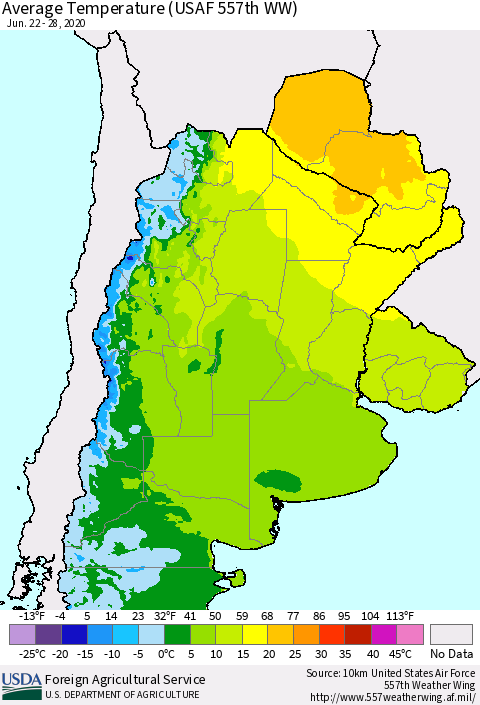 Southern South America Average Temperature (USAF 557th WW) Thematic Map For 6/22/2020 - 6/28/2020