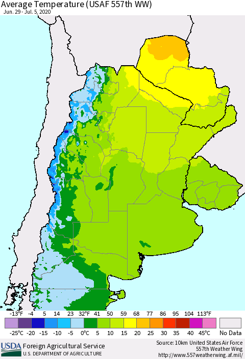 Southern South America Average Temperature (USAF 557th WW) Thematic Map For 6/29/2020 - 7/5/2020