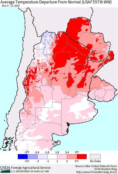 Southern South America Average Temperature Departure from Normal (USAF 557th WW) Thematic Map For 3/9/2020 - 3/15/2020