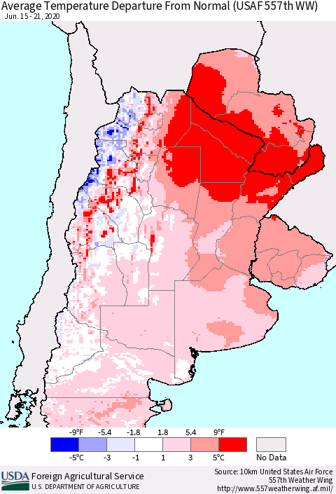 Southern South America Average Temperature Departure from Normal (USAF 557th WW) Thematic Map For 6/15/2020 - 6/21/2020