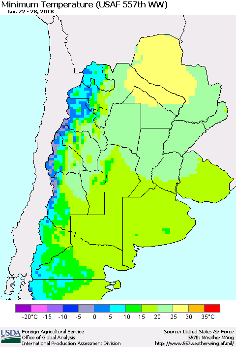Southern South America Mean Minimum Temperature (USAF 557th WW) Thematic Map For 1/22/2018 - 1/28/2018
