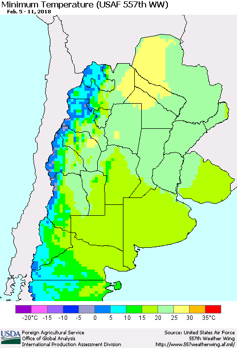 Southern South America Mean Minimum Temperature (USAF 557th WW) Thematic Map For 2/5/2018 - 2/11/2018