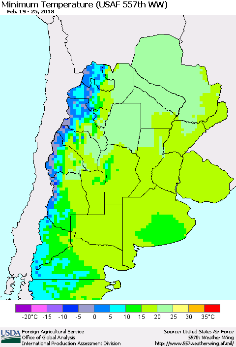 Southern South America Mean Minimum Temperature (USAF 557th WW) Thematic Map For 2/19/2018 - 2/25/2018