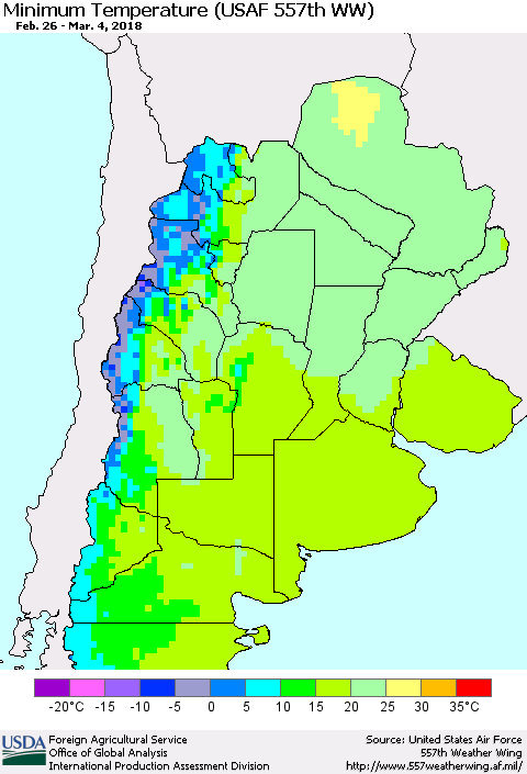 Southern South America Mean Minimum Temperature (USAF 557th WW) Thematic Map For 2/26/2018 - 3/4/2018