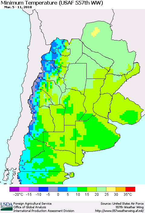 Southern South America Mean Minimum Temperature (USAF 557th WW) Thematic Map For 3/5/2018 - 3/11/2018