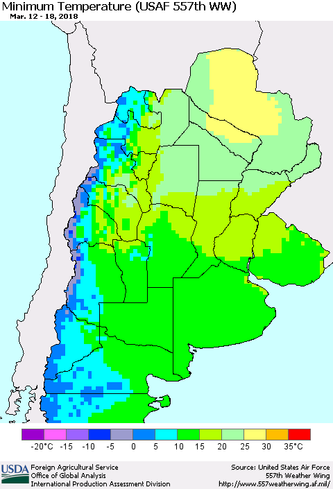 Southern South America Mean Minimum Temperature (USAF 557th WW) Thematic Map For 3/12/2018 - 3/18/2018