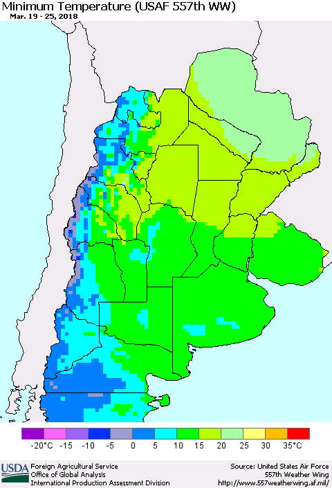 Southern South America Mean Minimum Temperature (USAF 557th WW) Thematic Map For 3/19/2018 - 3/25/2018