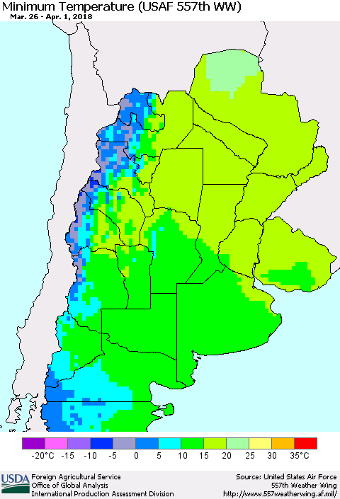Southern South America Mean Minimum Temperature (USAF 557th WW) Thematic Map For 3/26/2018 - 4/1/2018