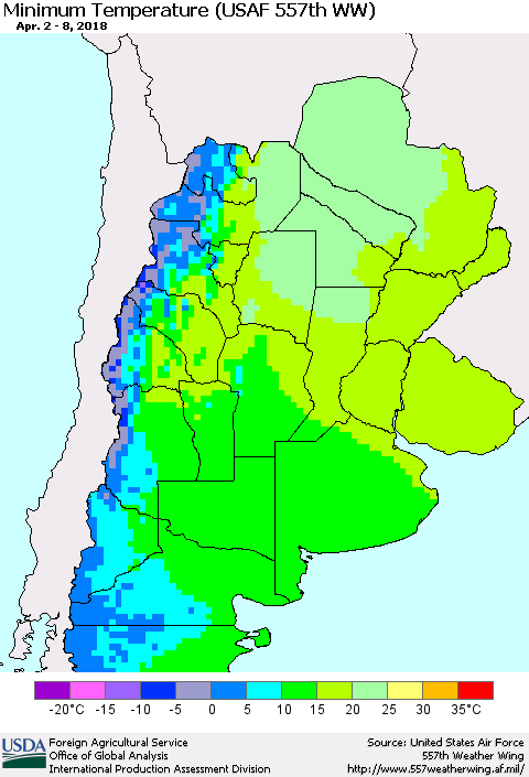 Southern South America Mean Minimum Temperature (USAF 557th WW) Thematic Map For 4/2/2018 - 4/8/2018
