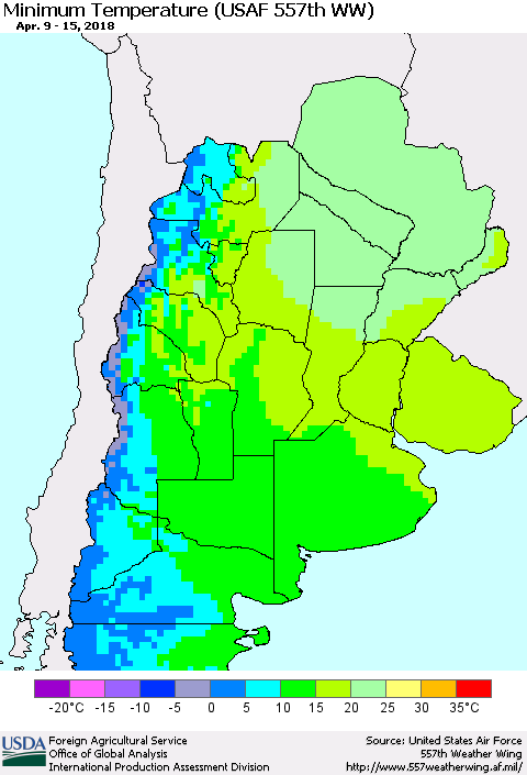 Southern South America Mean Minimum Temperature (USAF 557th WW) Thematic Map For 4/9/2018 - 4/15/2018