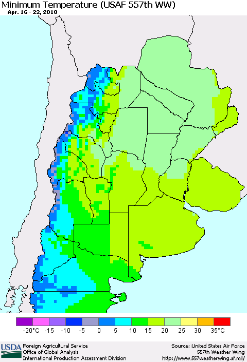 Southern South America Mean Minimum Temperature (USAF 557th WW) Thematic Map For 4/16/2018 - 4/22/2018