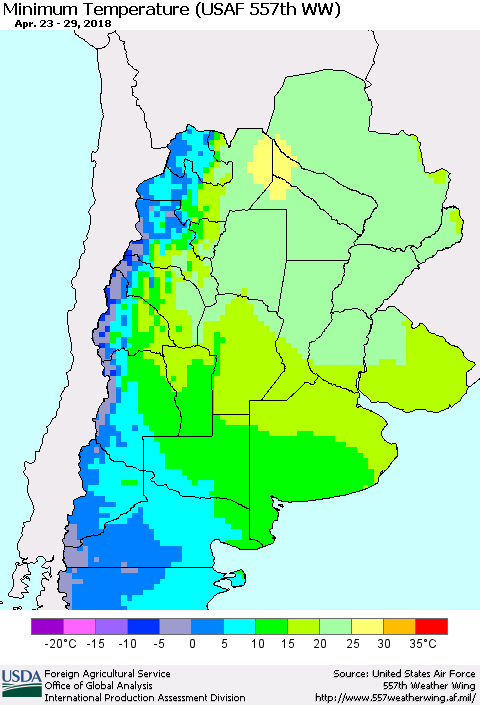 Southern South America Mean Minimum Temperature (USAF 557th WW) Thematic Map For 4/23/2018 - 4/29/2018