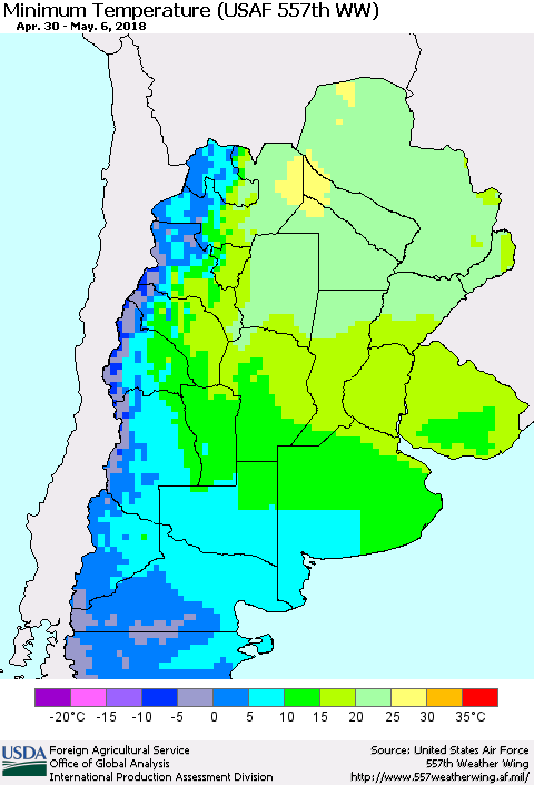 Southern South America Mean Minimum Temperature (USAF 557th WW) Thematic Map For 4/30/2018 - 5/6/2018