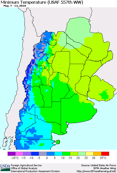 Southern South America Mean Minimum Temperature (USAF 557th WW) Thematic Map For 5/7/2018 - 5/13/2018