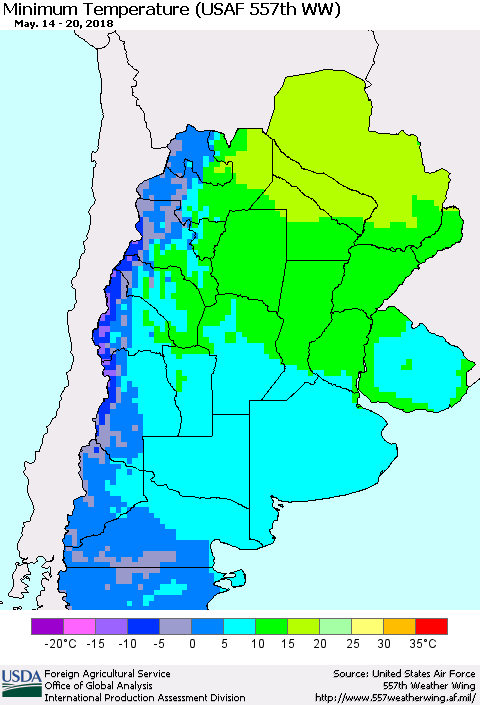 Southern South America Mean Minimum Temperature (USAF 557th WW) Thematic Map For 5/14/2018 - 5/20/2018