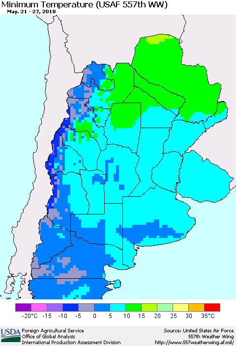 Southern South America Mean Minimum Temperature (USAF 557th WW) Thematic Map For 5/21/2018 - 5/27/2018