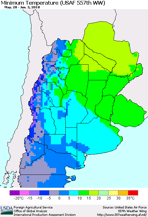 Southern South America Mean Minimum Temperature (USAF 557th WW) Thematic Map For 5/28/2018 - 6/3/2018