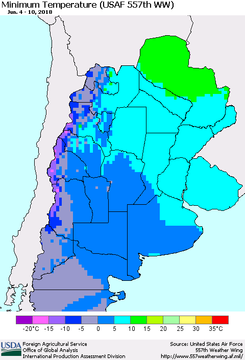 Southern South America Mean Minimum Temperature (USAF 557th WW) Thematic Map For 6/4/2018 - 6/10/2018