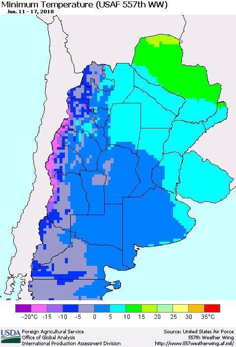 Southern South America Mean Minimum Temperature (USAF 557th WW) Thematic Map For 6/11/2018 - 6/17/2018