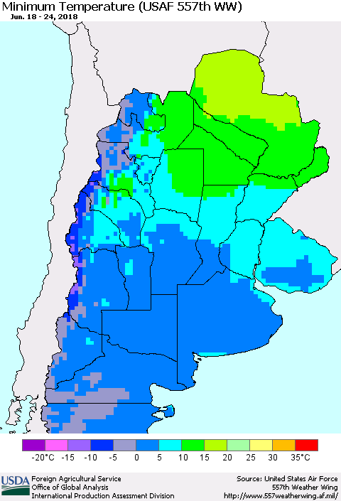 Southern South America Mean Minimum Temperature (USAF 557th WW) Thematic Map For 6/18/2018 - 6/24/2018