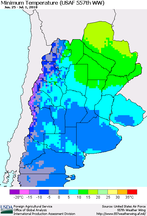 Southern South America Mean Minimum Temperature (USAF 557th WW) Thematic Map For 6/25/2018 - 7/1/2018