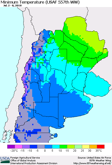 Southern South America Mean Minimum Temperature (USAF 557th WW) Thematic Map For 7/2/2018 - 7/8/2018