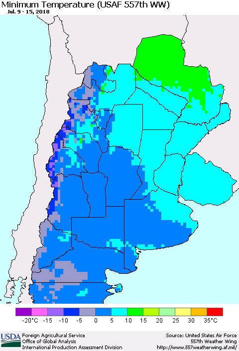 Southern South America Mean Minimum Temperature (USAF 557th WW) Thematic Map For 7/9/2018 - 7/15/2018