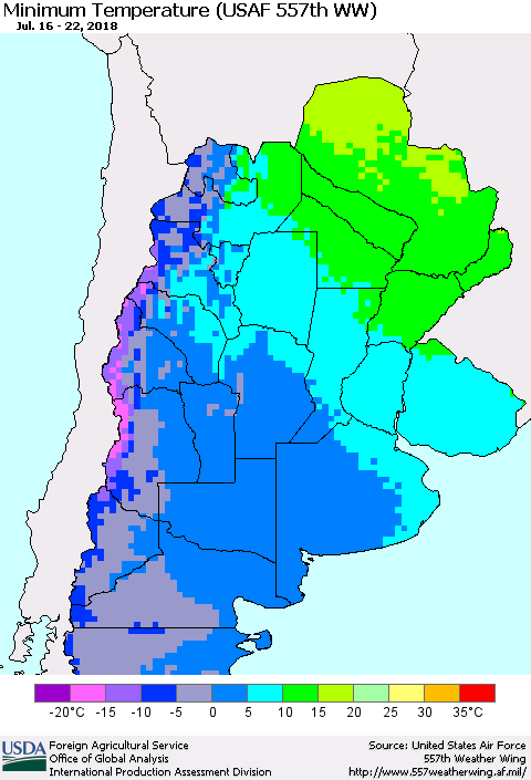 Southern South America Mean Minimum Temperature (USAF 557th WW) Thematic Map For 7/16/2018 - 7/22/2018