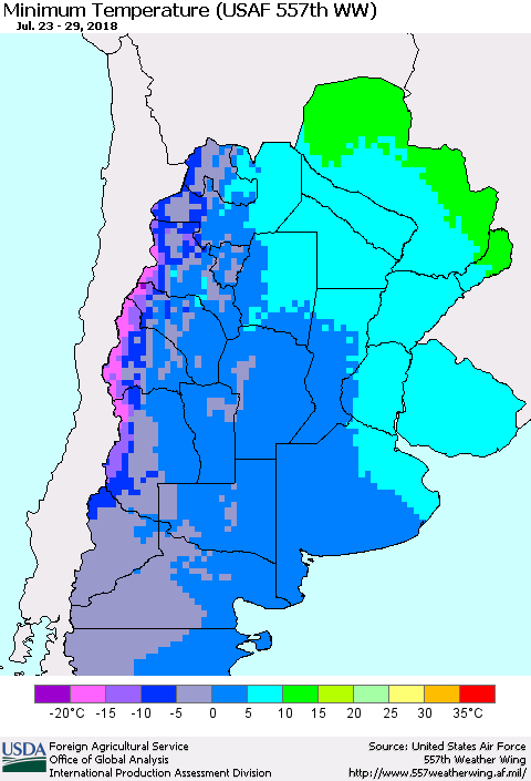Southern South America Mean Minimum Temperature (USAF 557th WW) Thematic Map For 7/23/2018 - 7/29/2018