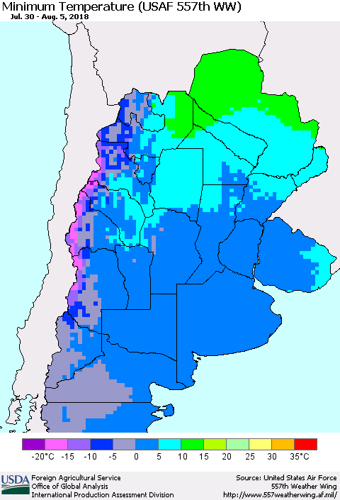 Southern South America Mean Minimum Temperature (USAF 557th WW) Thematic Map For 7/30/2018 - 8/5/2018