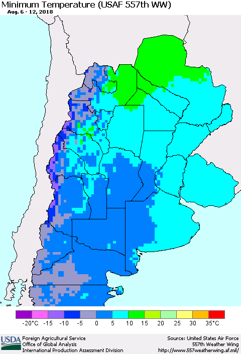 Southern South America Mean Minimum Temperature (USAF 557th WW) Thematic Map For 8/6/2018 - 8/12/2018