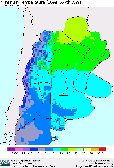 Southern South America Mean Minimum Temperature (USAF 557th WW) Thematic Map For 8/13/2018 - 8/19/2018