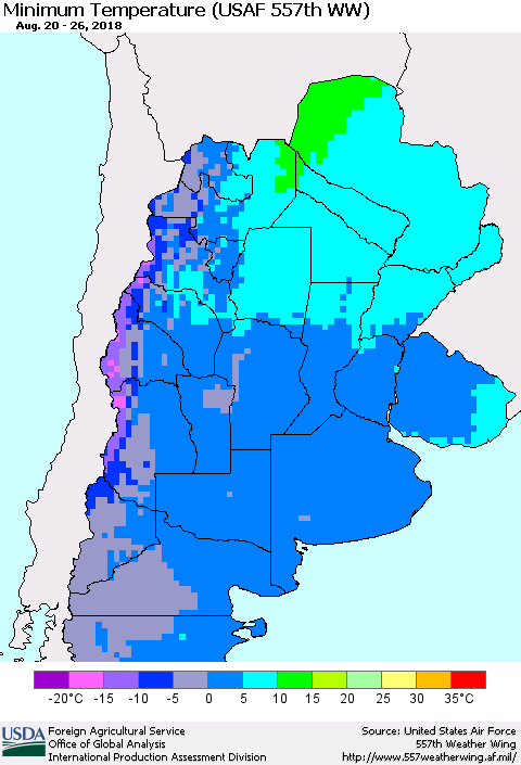 Southern South America Mean Minimum Temperature (USAF 557th WW) Thematic Map For 8/20/2018 - 8/26/2018
