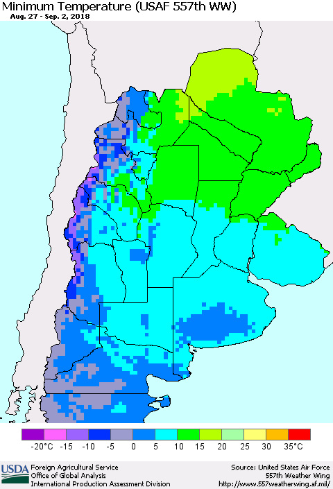 Southern South America Mean Minimum Temperature (USAF 557th WW) Thematic Map For 8/27/2018 - 9/2/2018