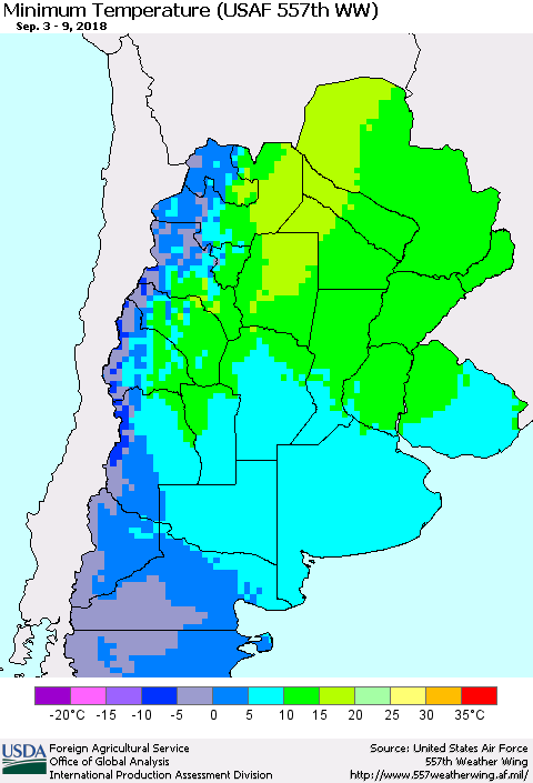Southern South America Mean Minimum Temperature (USAF 557th WW) Thematic Map For 9/3/2018 - 9/9/2018